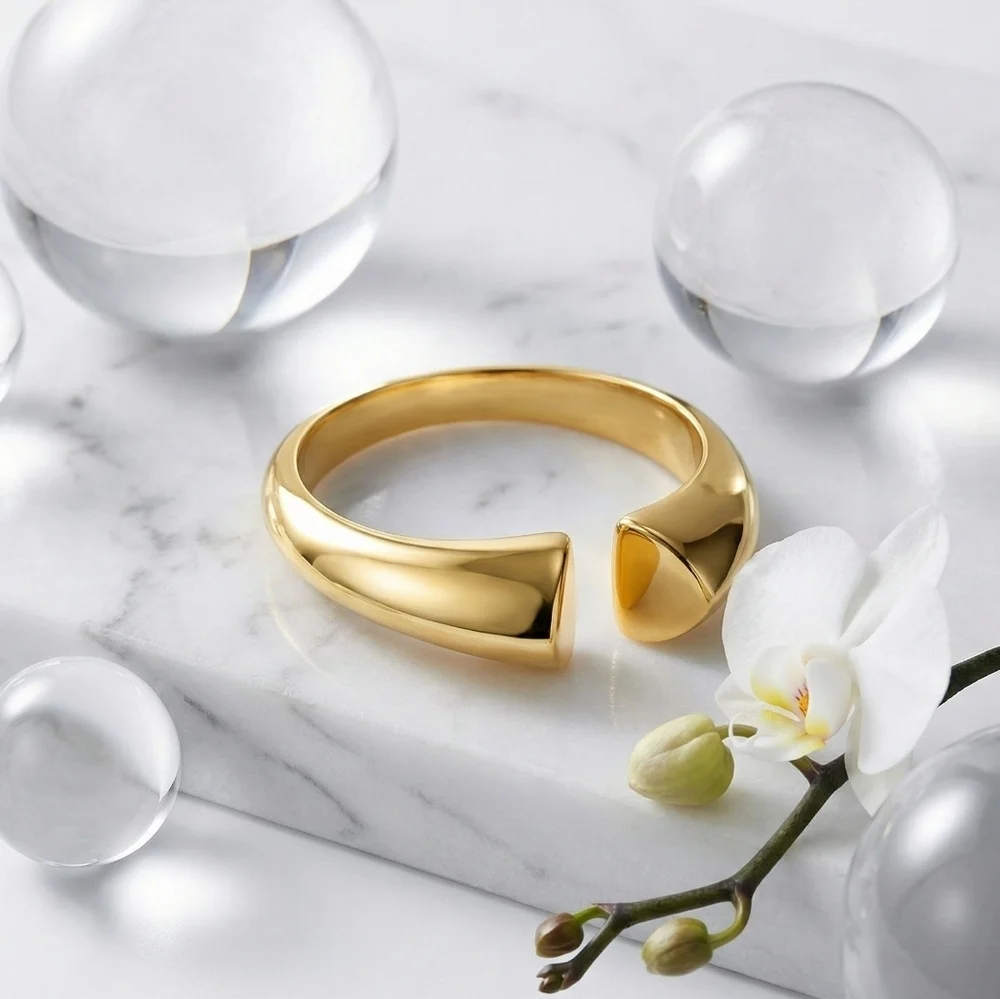 18k Gold Plated 316L SS Open Cuff Ring Adjustable Sculptural Gold Adj 7-9